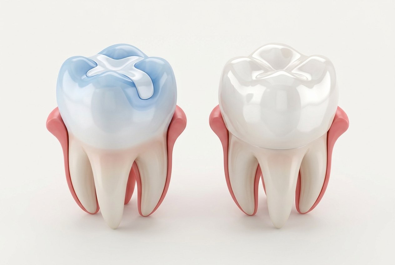 Comparison of a dental filling and a dental crown on a tooth