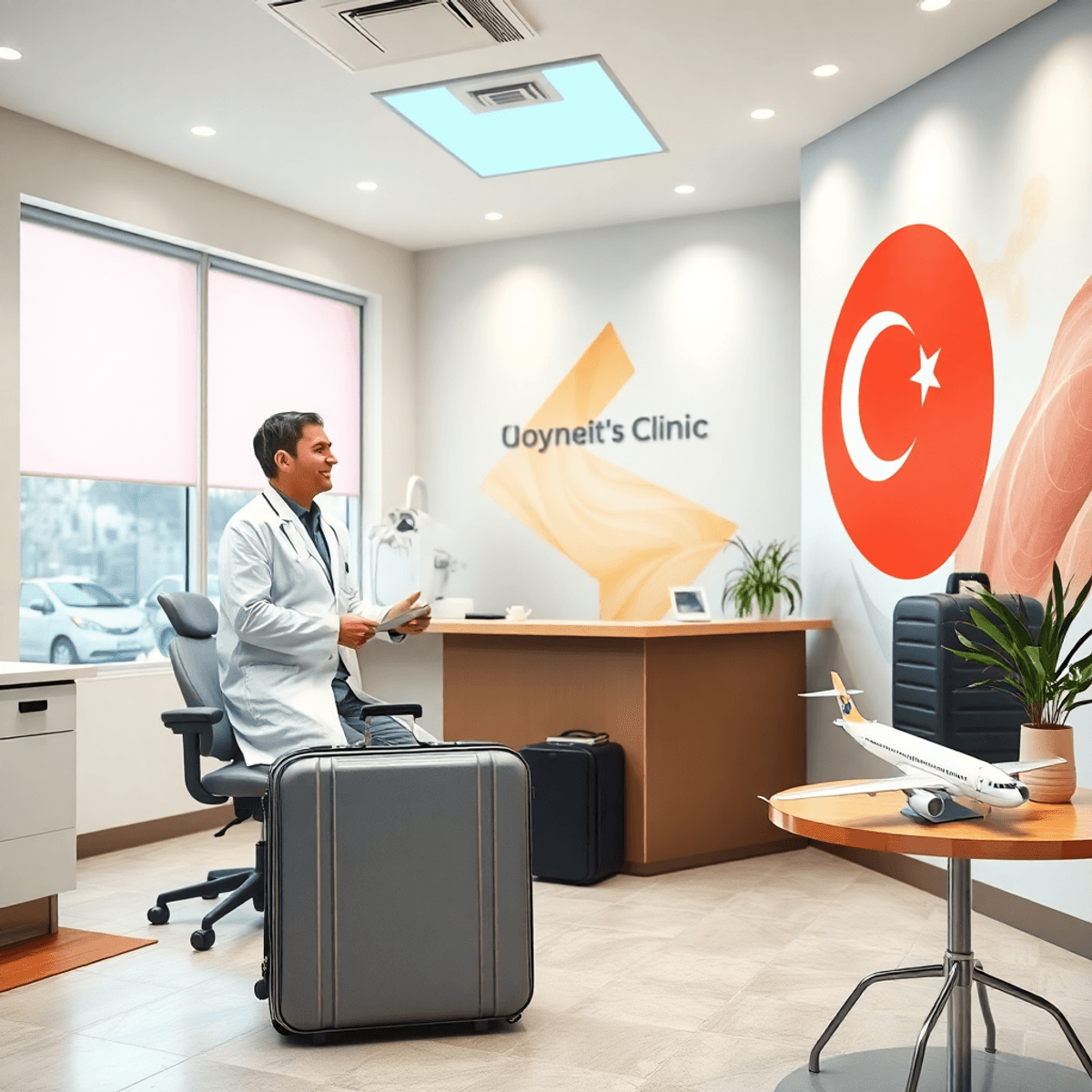 Réception lumineuse d'une clinique dentaire avec un équipement moderne, un dentiste souriant accueillant un patient, une valise et un modèle d'avion à proximité, et une subtile touche turque...