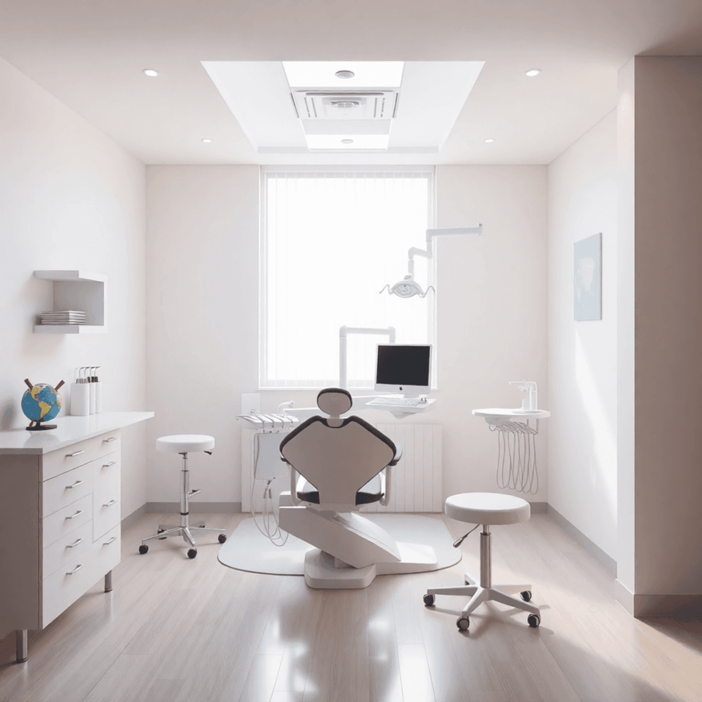 Intérieur de clinique dentaire moderne avec un fauteuil dentaire élégant, un équipement de pointe, un éclairage doux et un décor subtil sur le thème du voyage pour un profess... accueillant