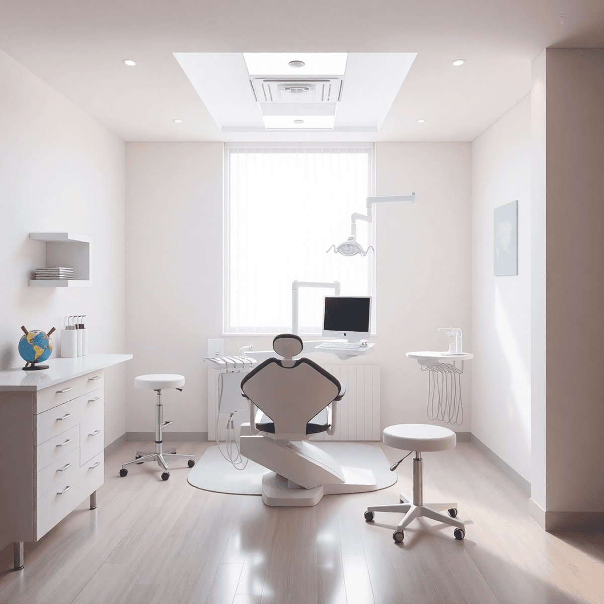 Intérieur de clinique dentaire moderne avec un fauteuil dentaire élégant, un équipement de pointe, un éclairage doux et un décor subtil sur le thème du voyage pour un profess... accueillant