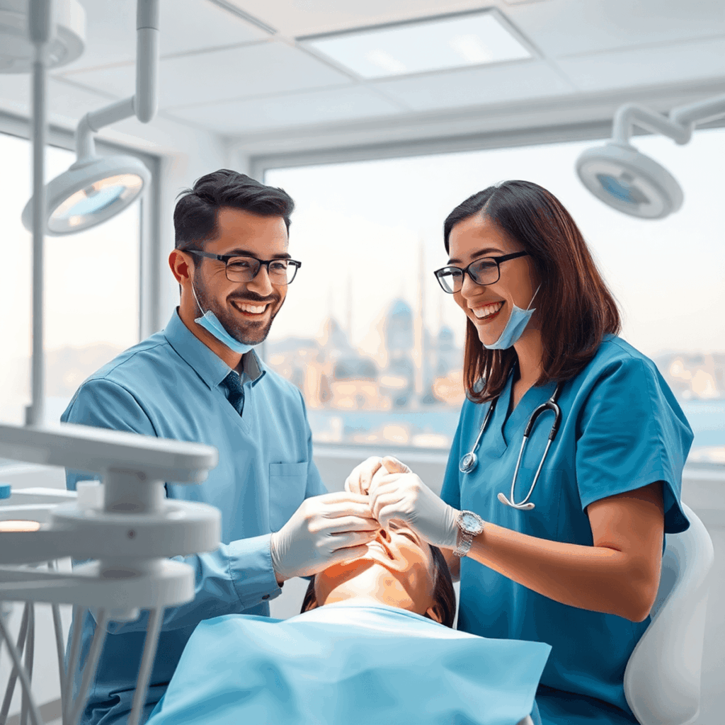 Clinique dentaire moderne avec un équipement de pointe, un patient souriant recevant des soins et la ligne d'horizon d'Istanbul en arrière-plan sous un ciel dégagé.