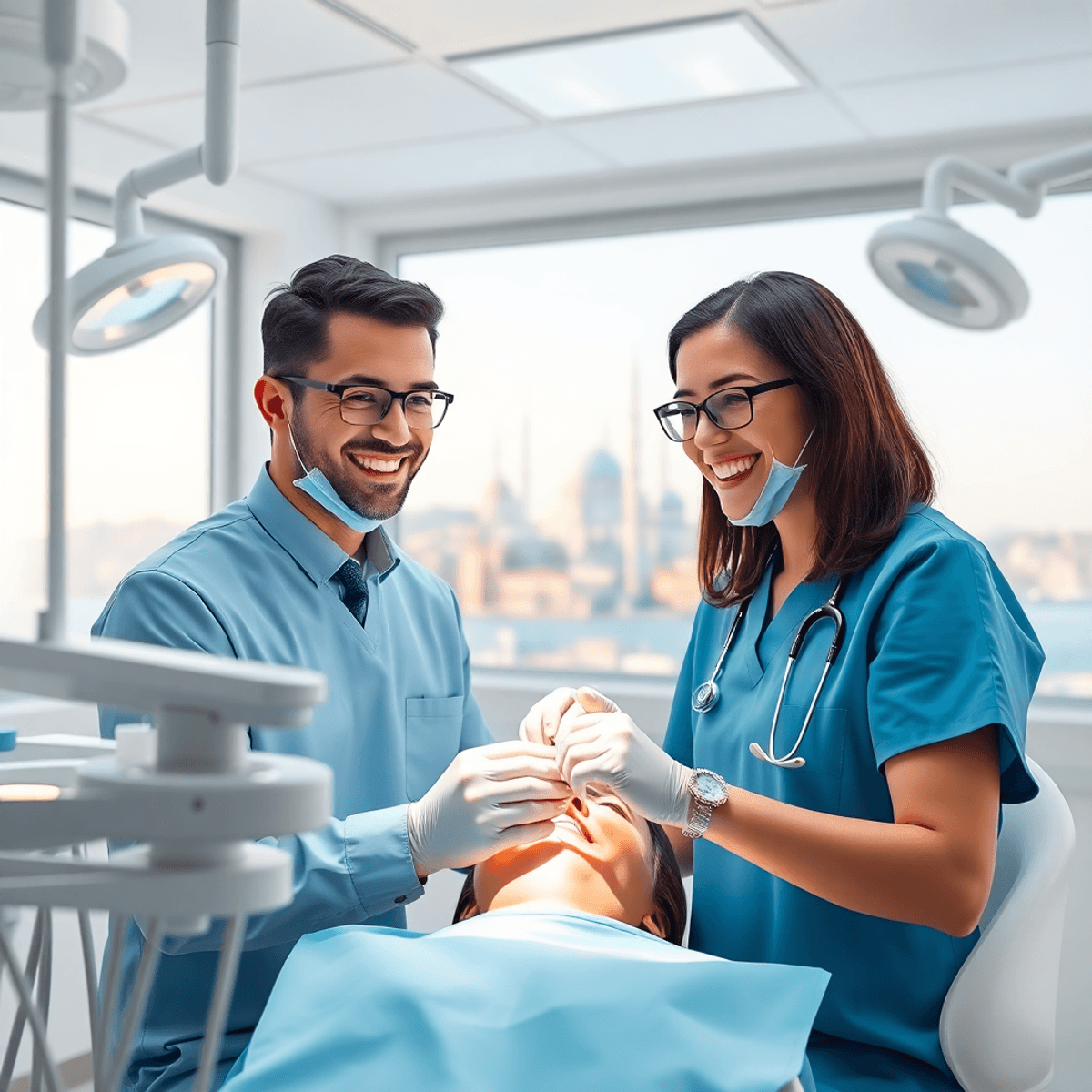 Clinique dentaire moderne avec un équipement de pointe, un patient souriant recevant des soins et la ligne d'horizon d'Istanbul en arrière-plan sous un ciel dégagé.