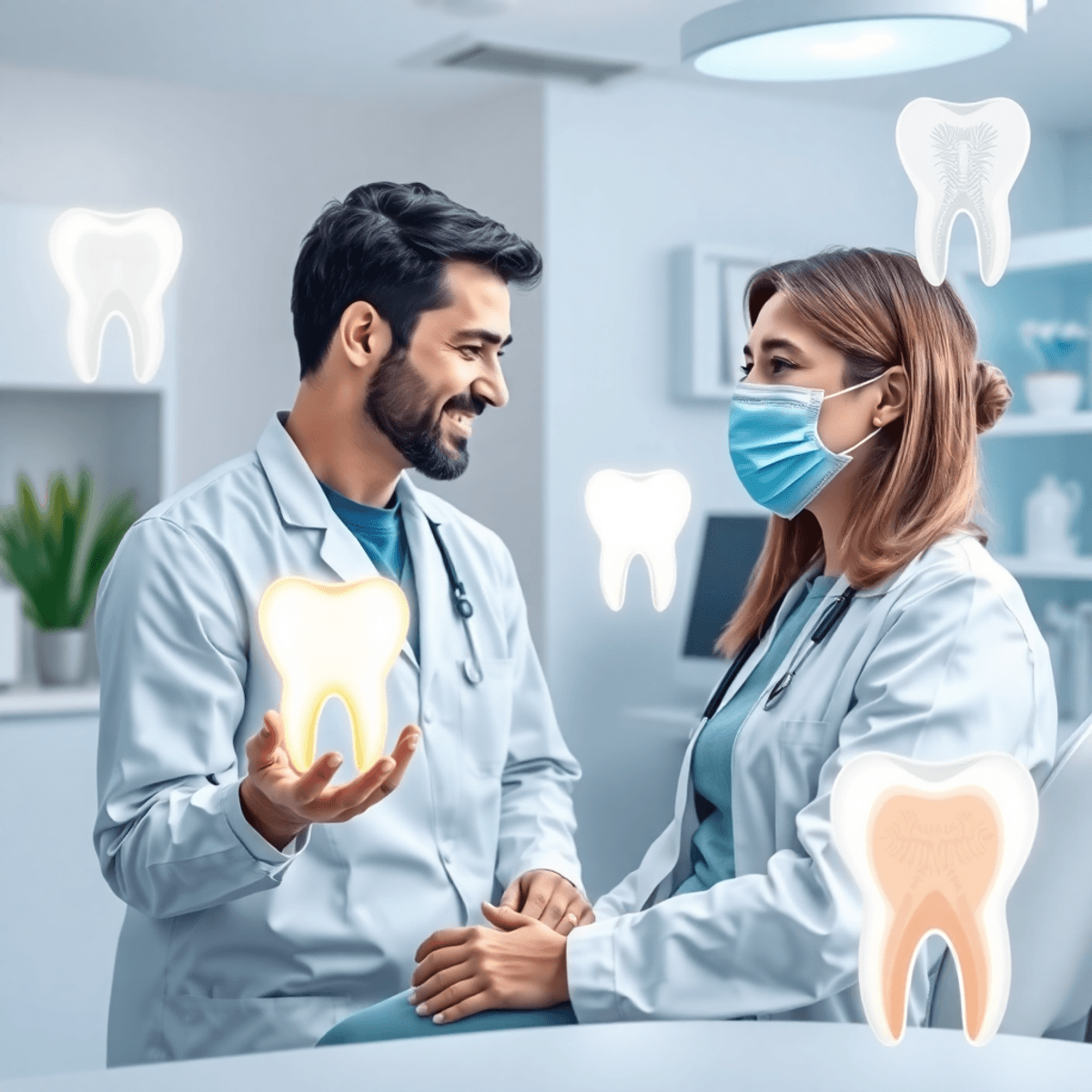 Une clinique dentaire lumineuse avec un dentiste consultant un patient, avec une dent brillante et des visuels abstraits des gencives et des os dans des tons bleus et blancs doux.