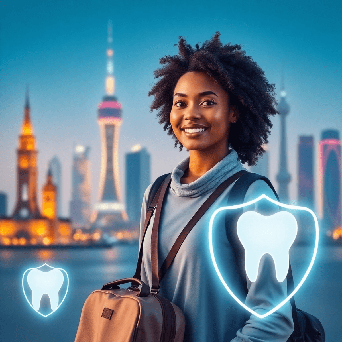 Un voyageur calme tenant un sac se tient près de monuments mondiaux mélangés avec une icône de dent lumineuse et des boucliers médicaux symbolisant le tourisme dentaire et la santé...