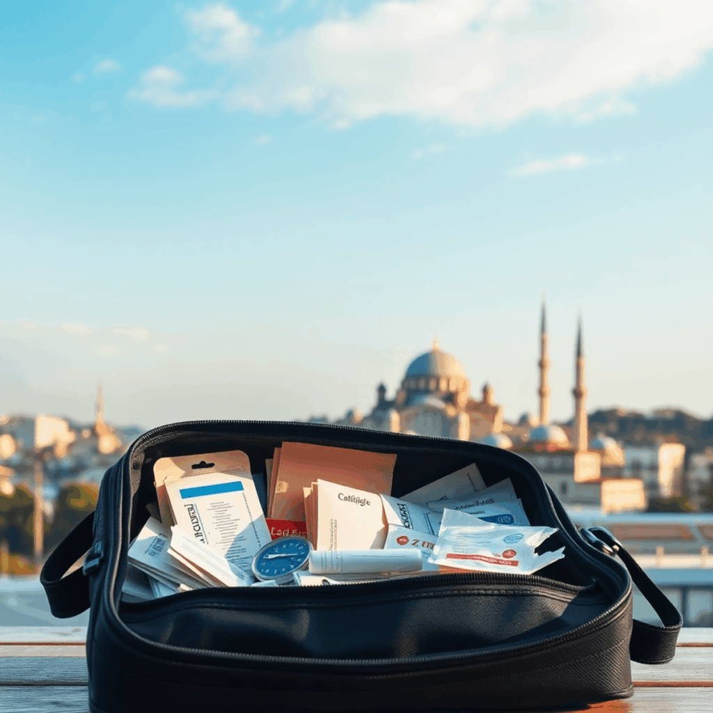 Un sac de voyage médical rempli de fournitures devant l'horizon d'Istanbul avec des dômes et des minarets sous un ciel clair.