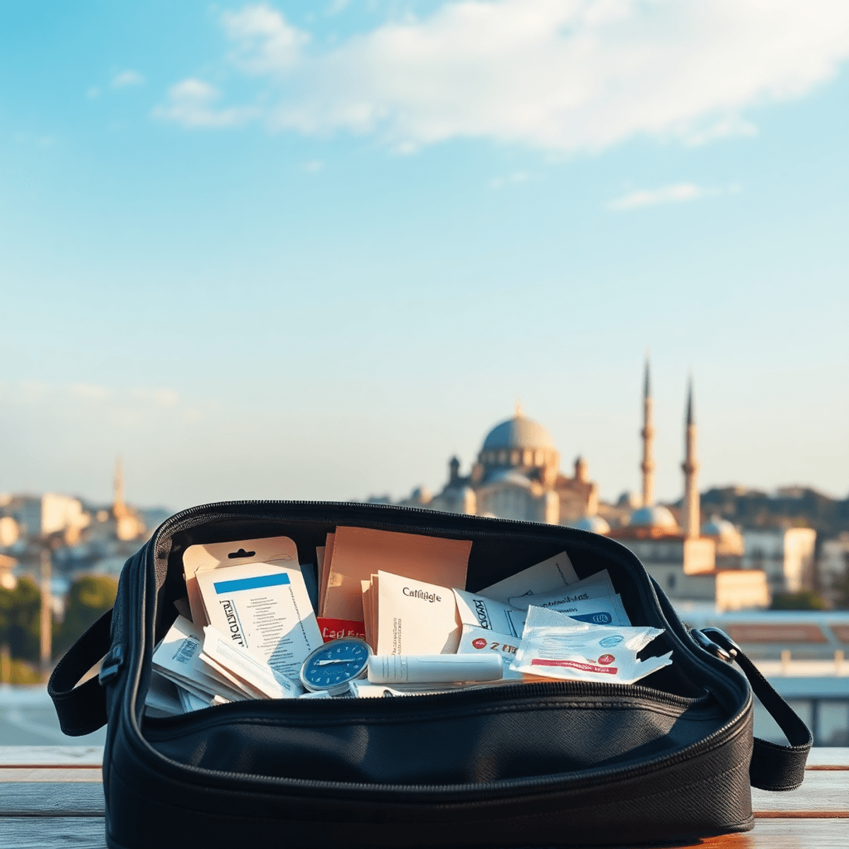 Un sac de voyage médical rempli de fournitures devant l'horizon d'Istanbul avec des dômes et des minarets sous un ciel clair.