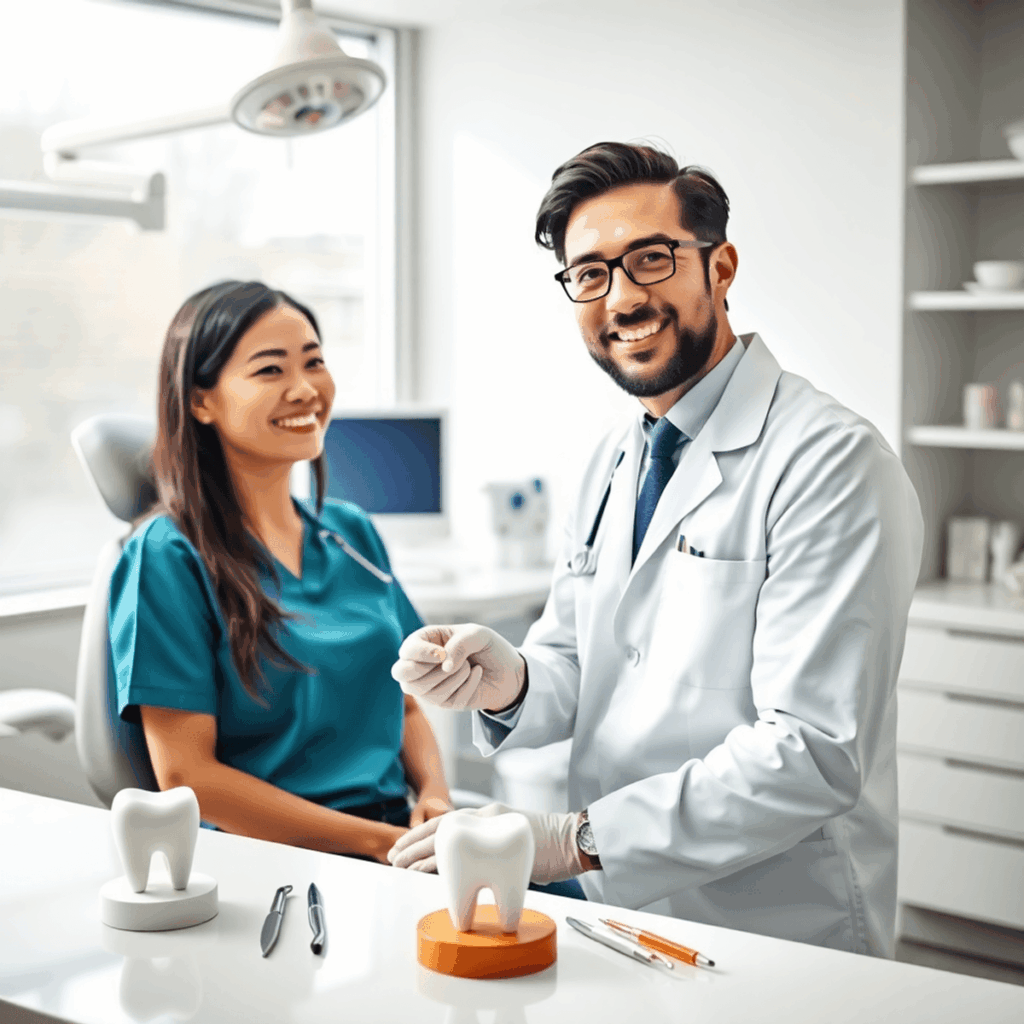 Intérieur lumineux d'une clinique dentaire avec un équipement moderne, un dentiste souriant consultant un patient heureux, un modèle de dent et des outils sur un comptoir propre, doux n...