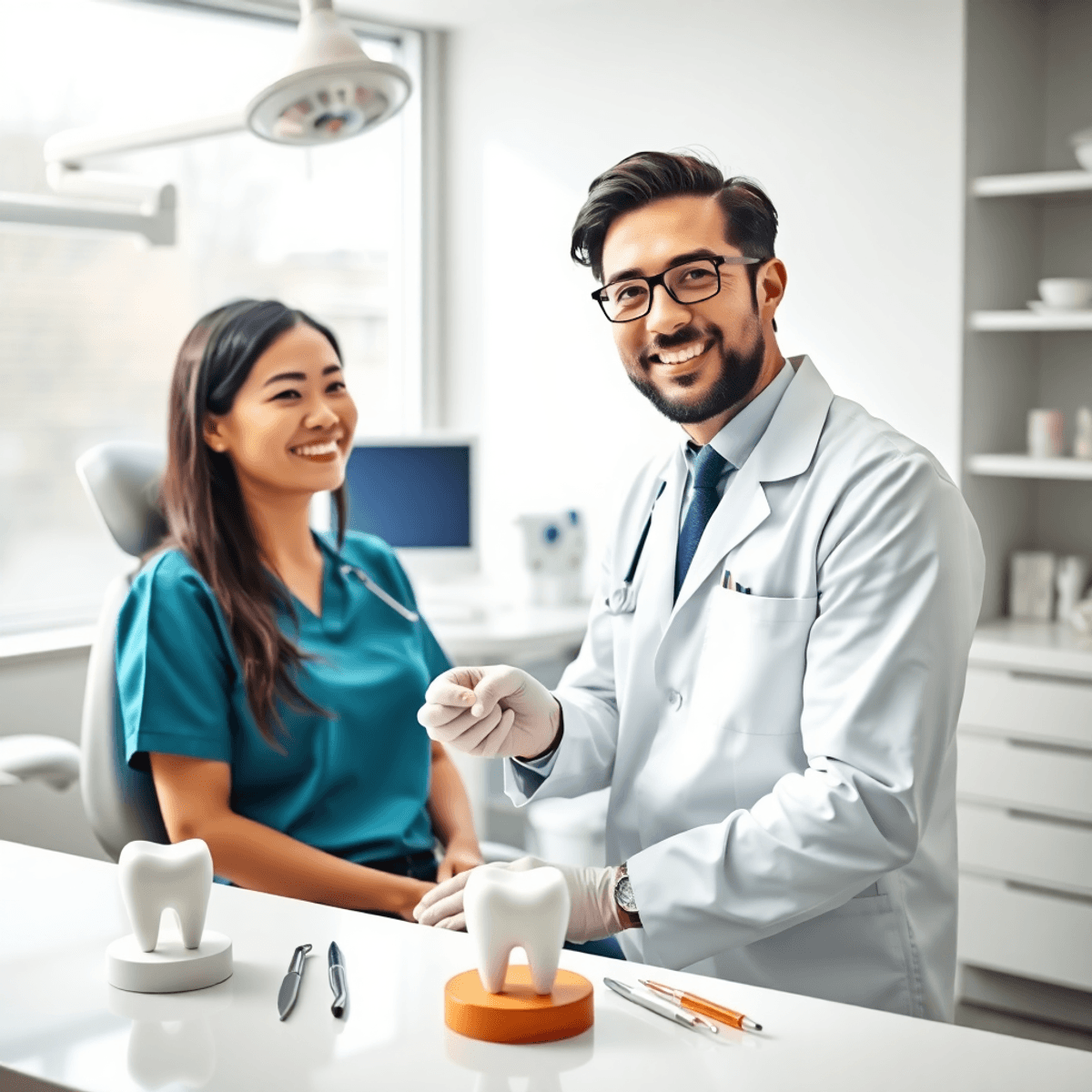 Intérieur lumineux d'une clinique dentaire avec un équipement moderne, un dentiste souriant consultant un patient heureux, un modèle de dent et des outils sur un comptoir propre, doux n...