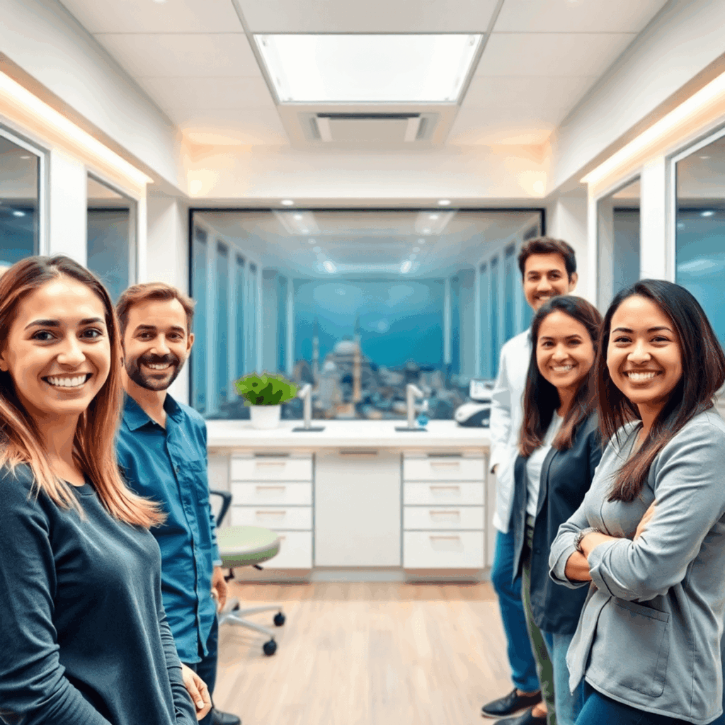 Réception lumineuse d'une clinique dentaire avec des patients heureux souriant, des équipements modernes et une ligne d'horizon abstraite d'Istanbul en arrière-plan symbolisant le dentaire à...