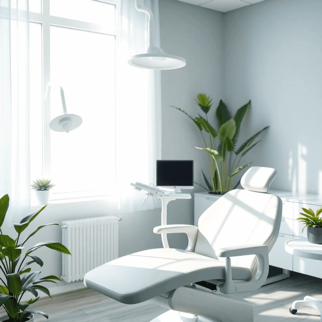 Salle de clinique dentaire lumineuse avec un fauteuil de patient confortable, de la lumière naturelle, des plantes vertes et des tons bleus apaisants symbolisant les soins et la guérison.