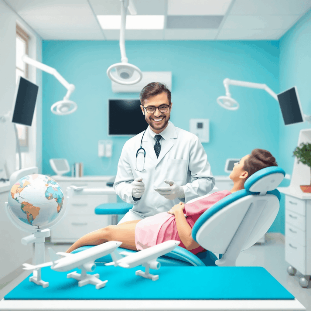 Clinique dentaire lumineuse avec un équipement moderne, un dentiste amical consultant un patient, et des modèles de globe et d'avion symbolisant le tourisme dentaire international...