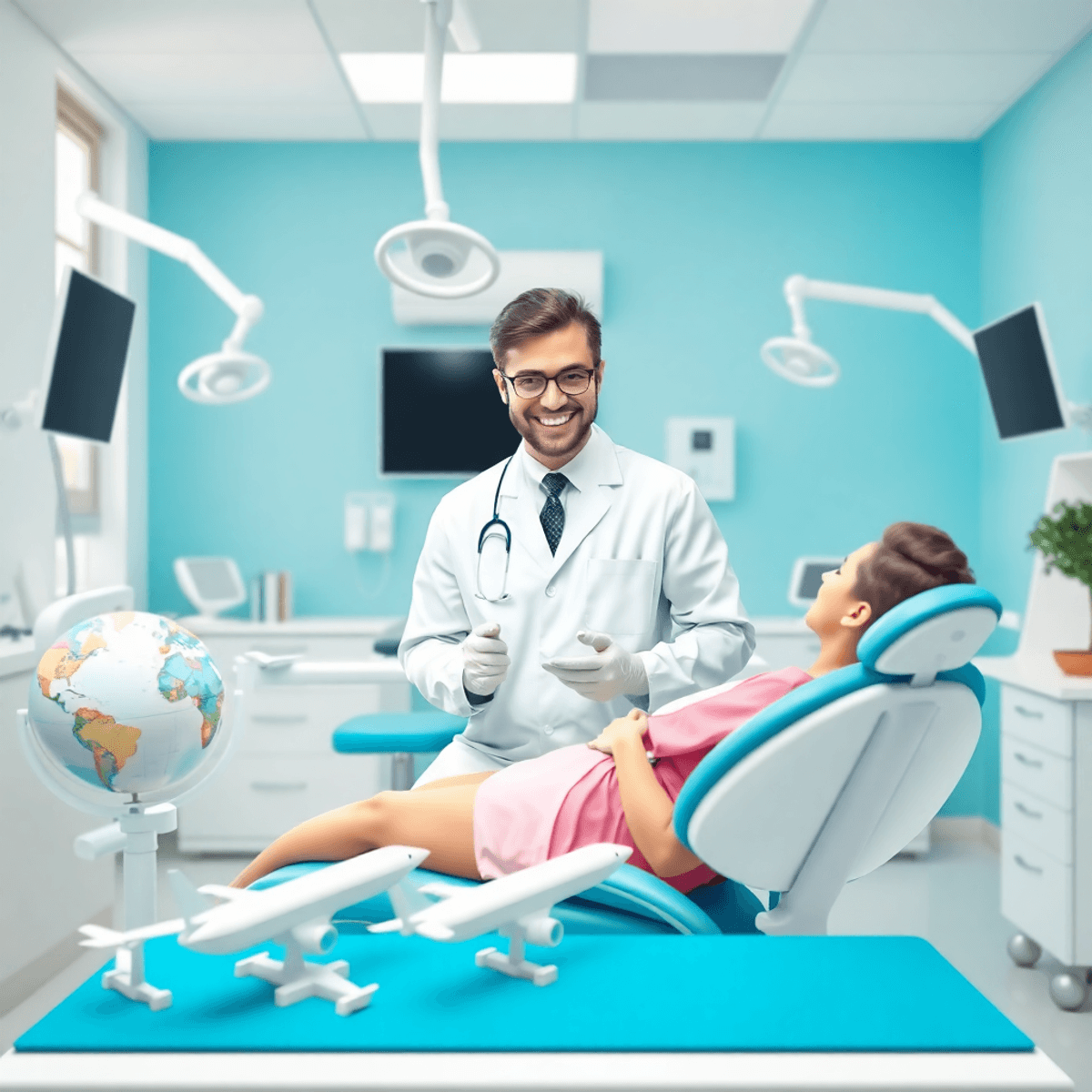 Clinique dentaire lumineuse avec un équipement moderne, un dentiste amical consultant un patient, et des modèles de globe et d'avion symbolisant le tourisme dentaire international...
