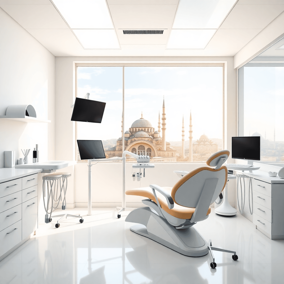 Intérieur de clinique dentaire moderne et lumineux avec équipement de pointe et fauteuil de patient, sur fond de ligne d’horizon subtile d’Istanbul sous un ciel dégagé.