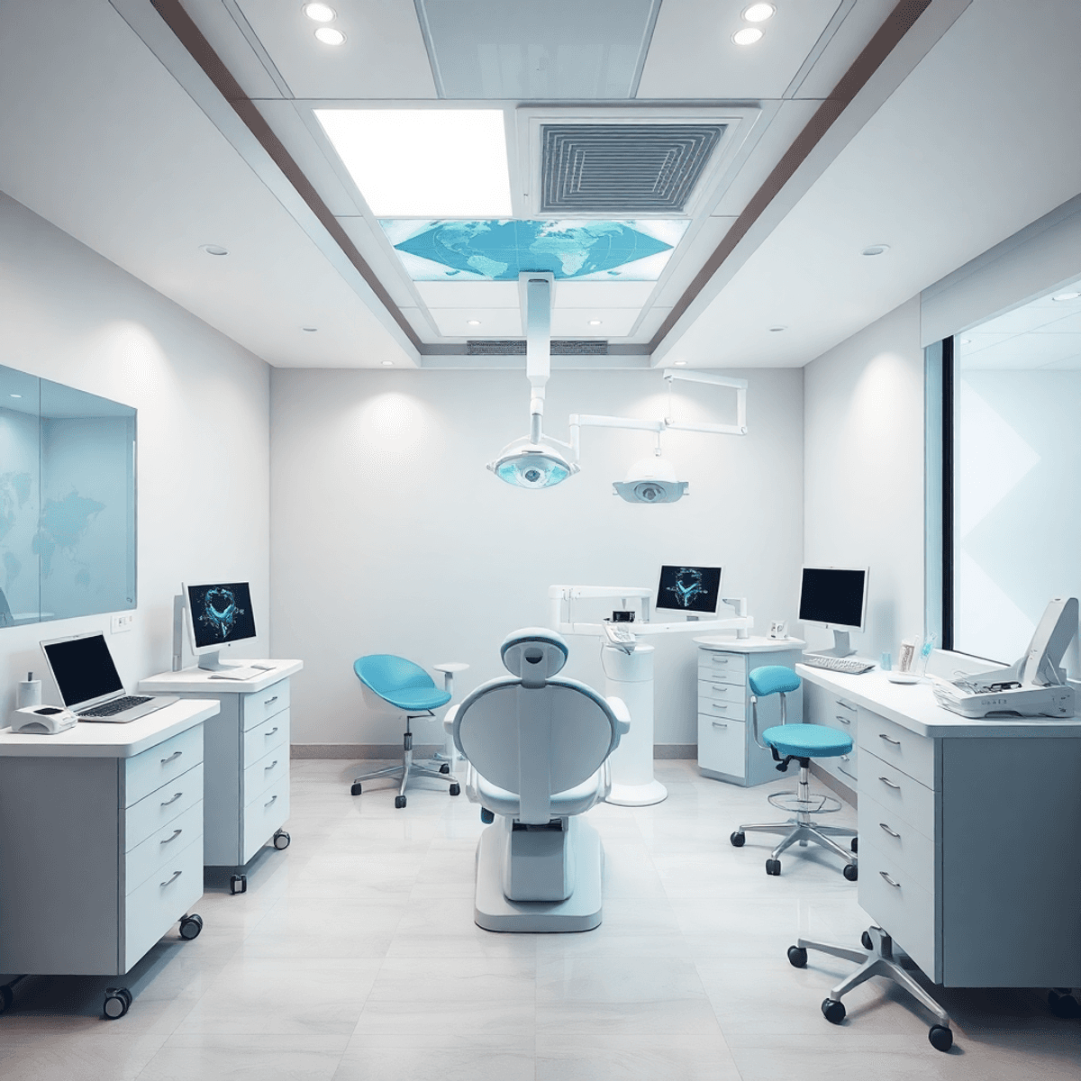 Intérieur de clinique dentaire moderne et lumineuse avec équipement de pointe, surfaces blanches et propres, et formes subtiles de globe et abstraites symbolisant l'international...