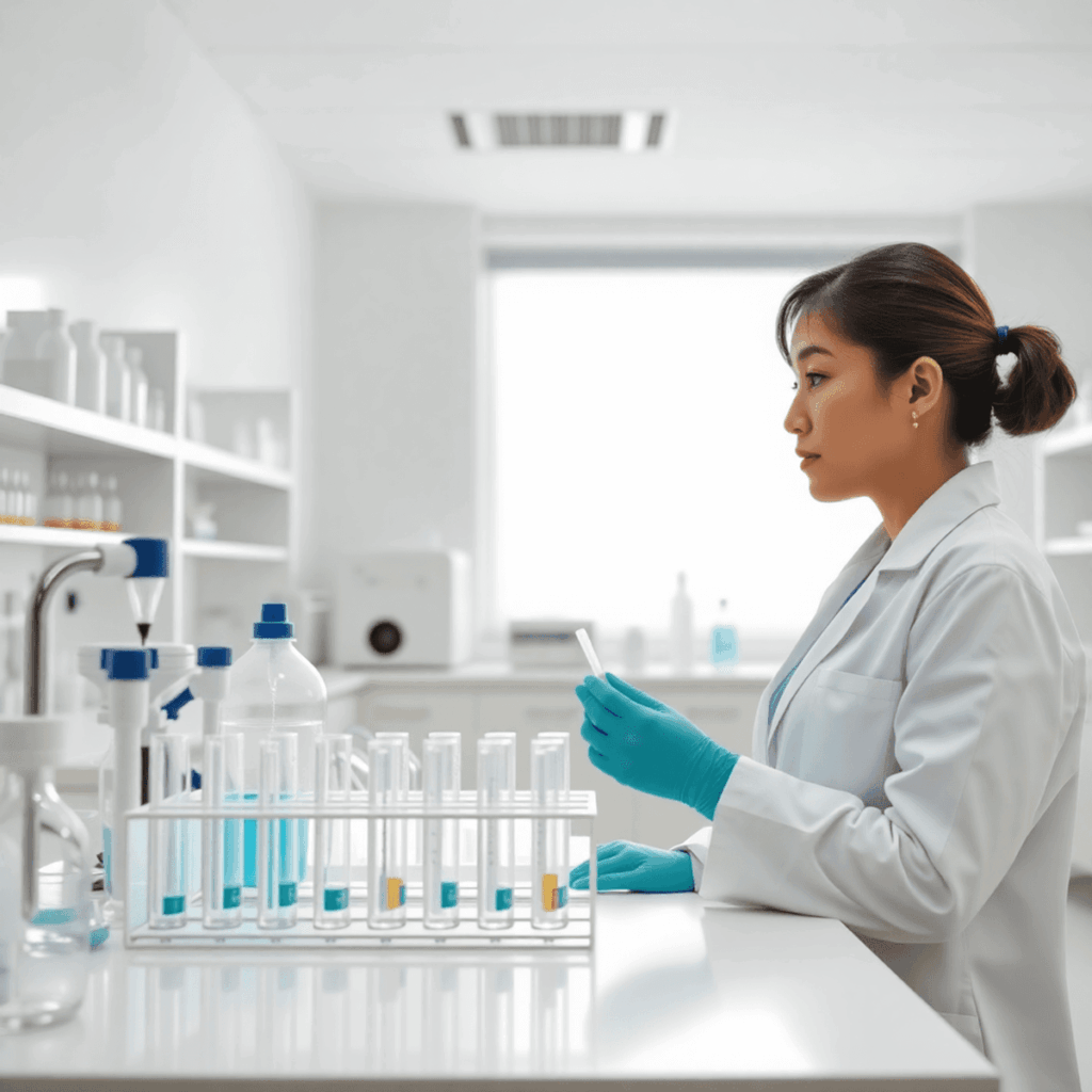 Laboratoire médical lumineux et moderne avec un équipement propre et un professionnel de la santé examinant des échantillons, baigné d'une douce lumière naturelle pour un accueil chaleureux et efficace...