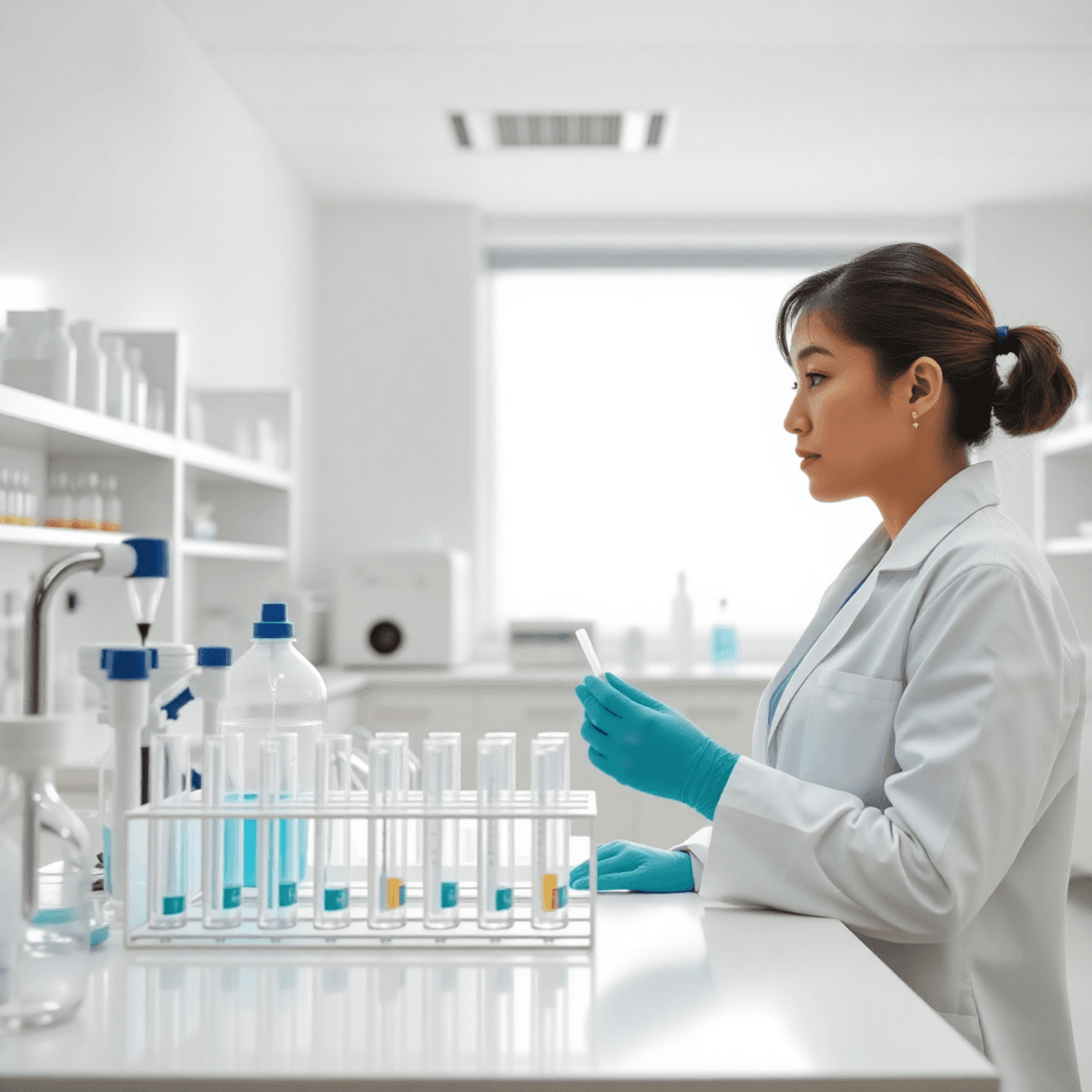 Laboratoire médical lumineux et moderne avec un équipement propre et un professionnel de la santé examinant des échantillons, baigné d'une douce lumière naturelle pour un accueil chaleureux et efficace...