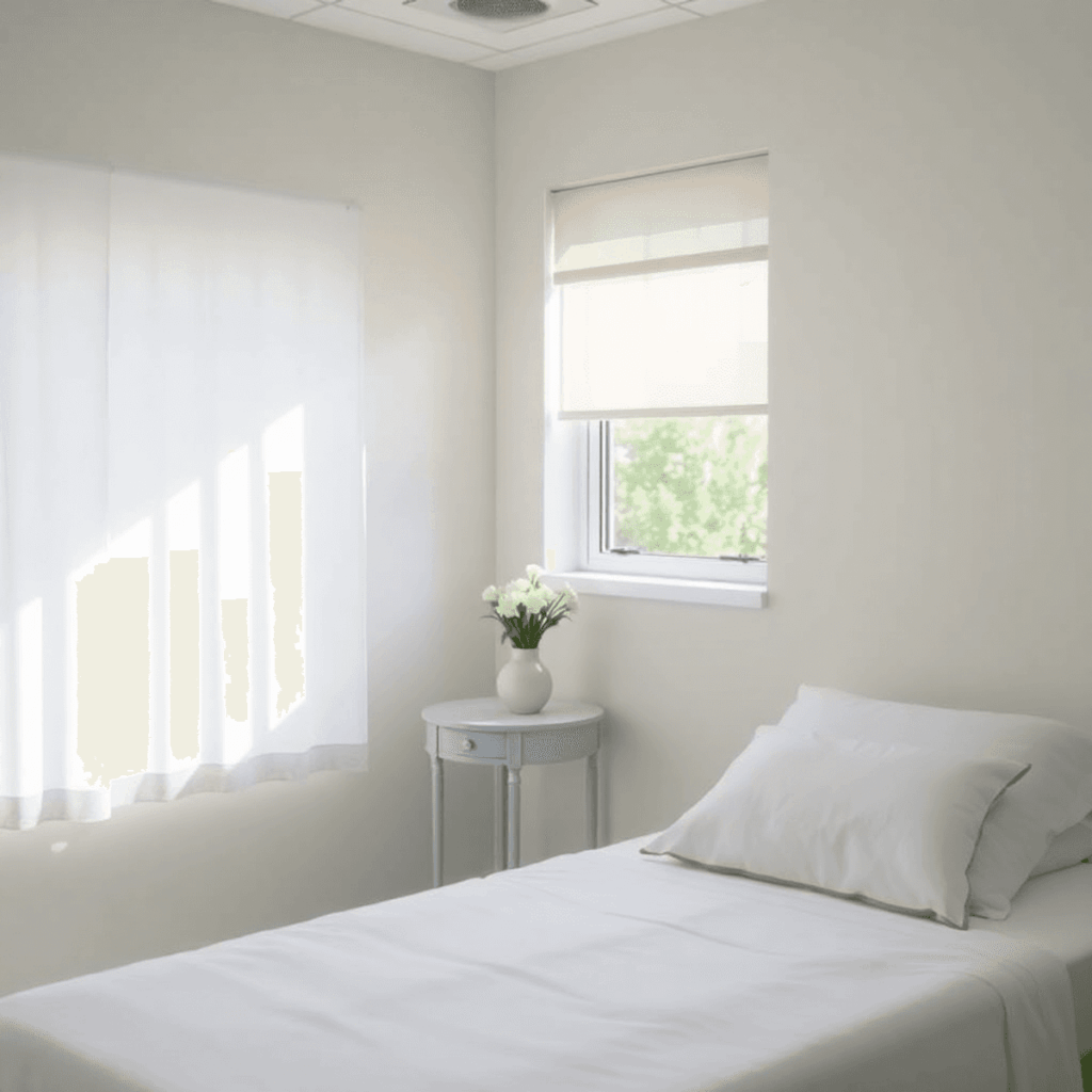 Salle de rétablissement lumineuse avec un lit confortable, des fleurs fraîches sur une table de chevet et de la verdure visible à travers une fenêtre, évoquant le calme et la guérison.