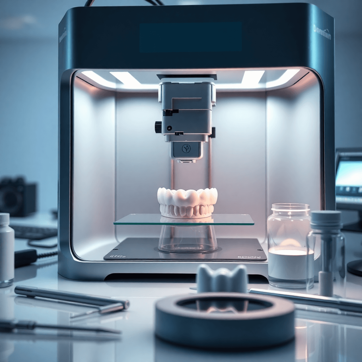 Gros plan d'une imprimante 3D dentaire futuriste fabriquant un modèle de couronne détaillé, entourée de matériaux en résine et d'outils dentaires sur un poste de travail propre et moderne...