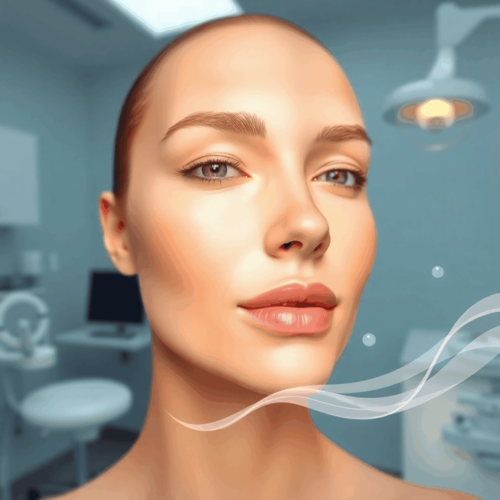 Gros plan sur un visage rayonnant dans une salle de clinique dentaire doucement éclairée, avec des vagues abstraites et des particules de lumière symbolisant le rajeunissement de la peau et le collagène s...