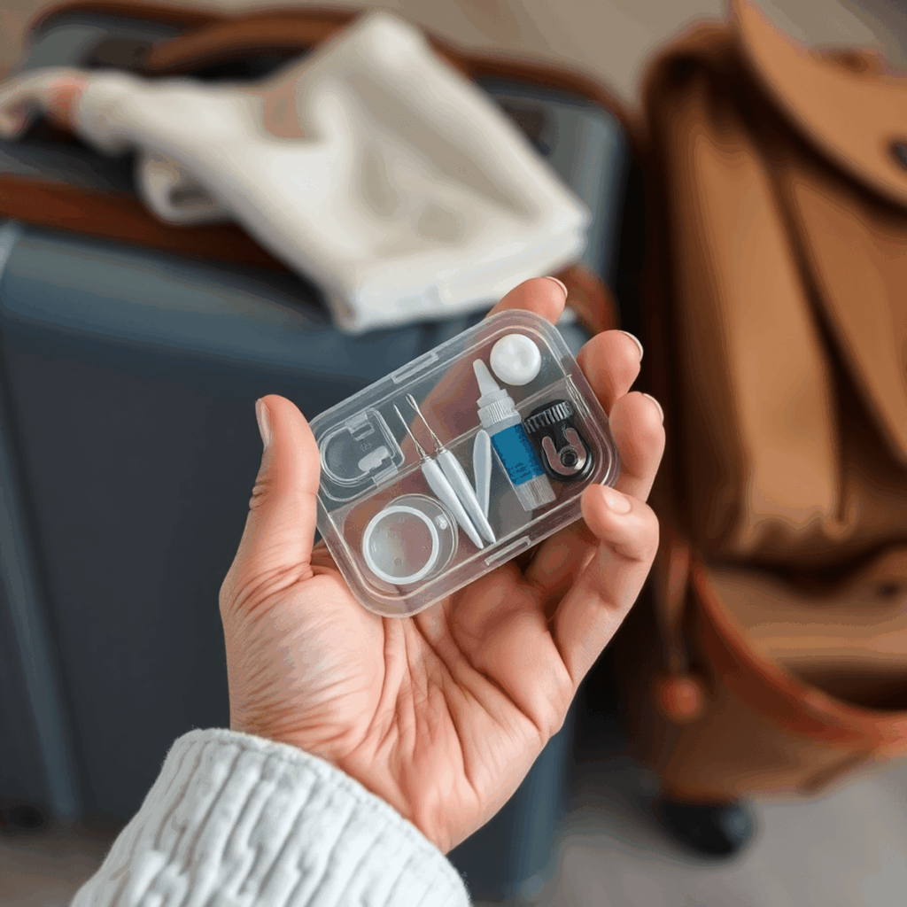 Gros plan d'une main tenant une petite trousse dentaire d'urgence transparente avec des outils et du ciment, une valise floue et des articles de voyage en arrière-plan.