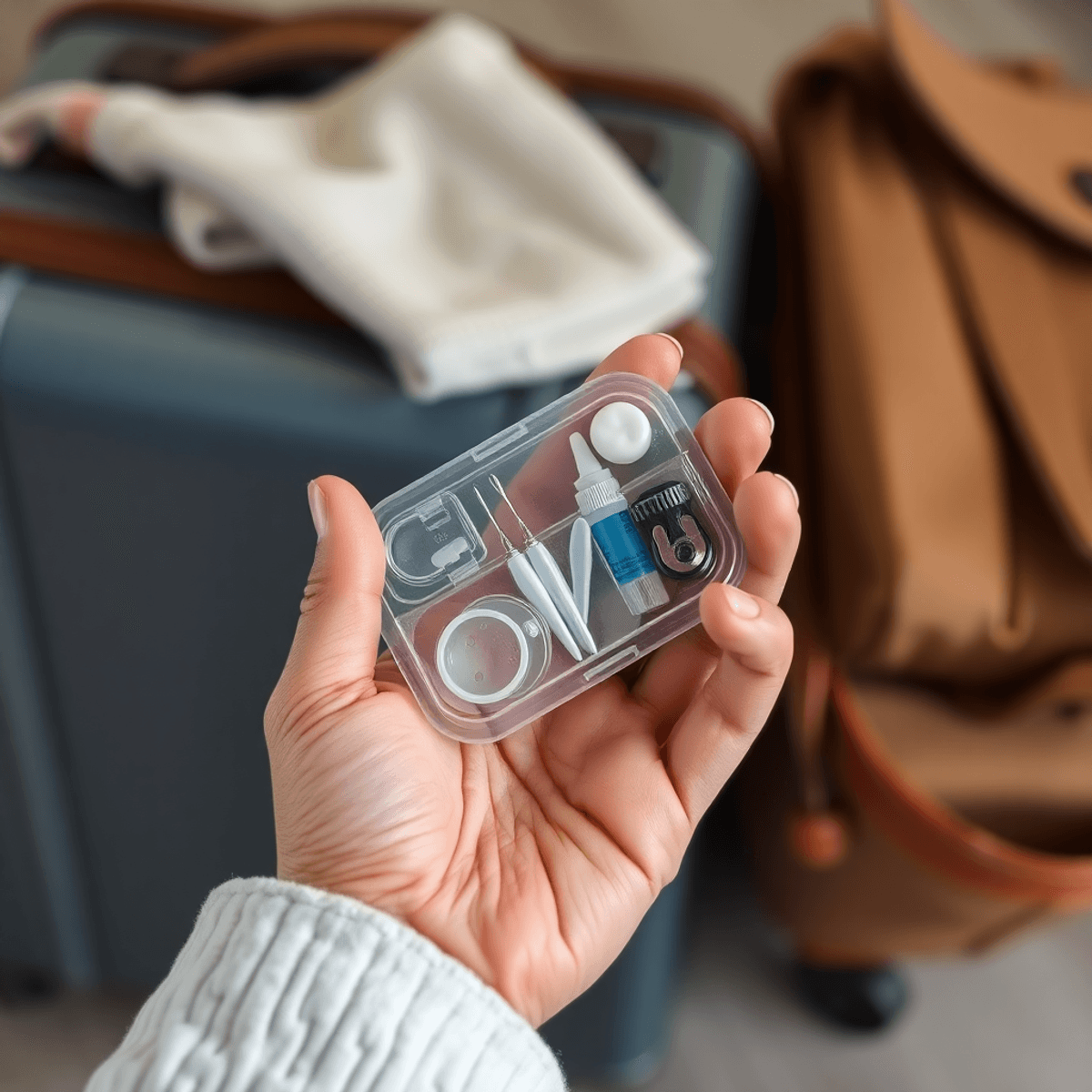 Gros plan d'une main tenant une petite trousse dentaire d'urgence transparente avec des outils et du ciment, une valise floue et des articles de voyage en arrière-plan.