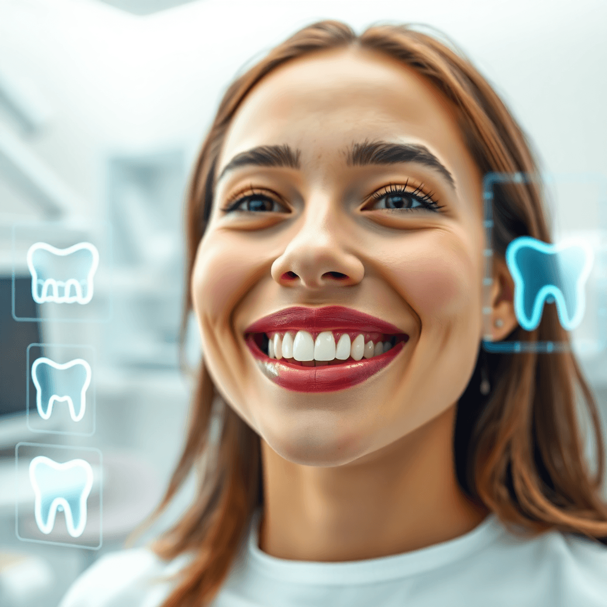Gros plan d'un patient souriant avec des dents parfaites dans une clinique dentaire lumineuse, entouré d'images dentaires holographiques 3D futuristes et d'un sourire numérique...