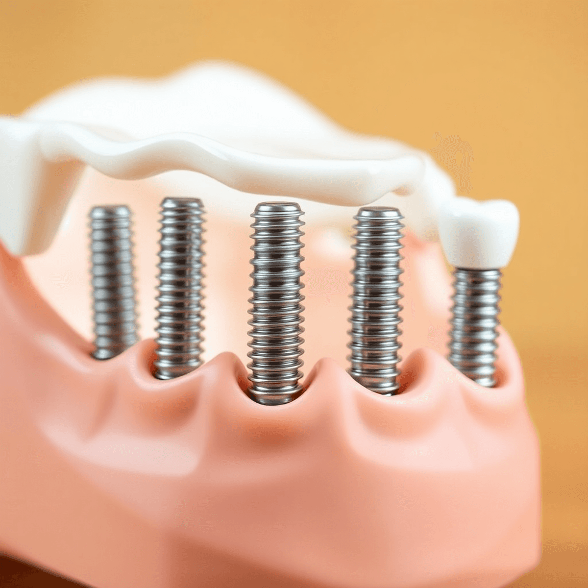 Gros plan sur six implants dentaires en titane élégants intégrés dans un modèle de mâchoire saine avec un arrière-plan chaud légèrement flou.