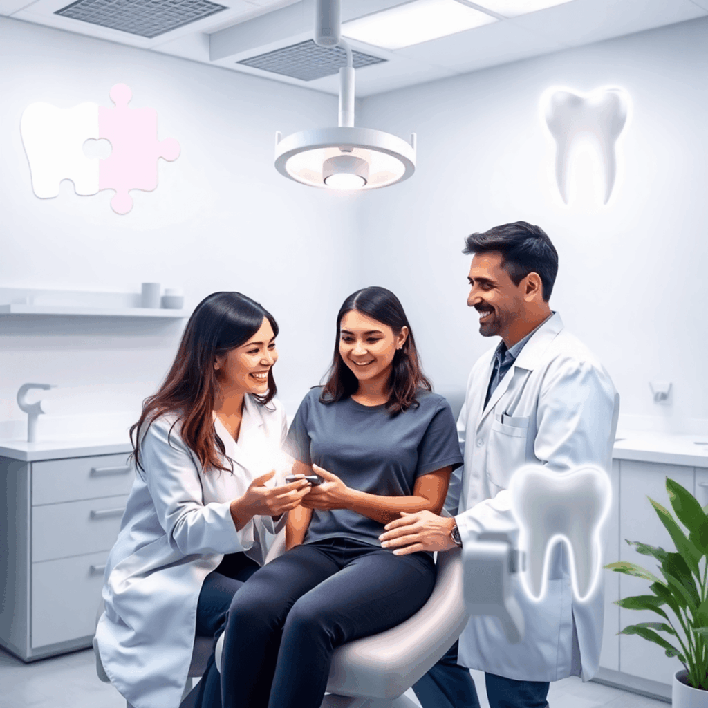 Des professionnels dentaires consultant un patient dans une clinique moderne avec des scans dentaires 3D lumineux et des pièces de puzzle abstraites symbolisant des soins personnalisés.