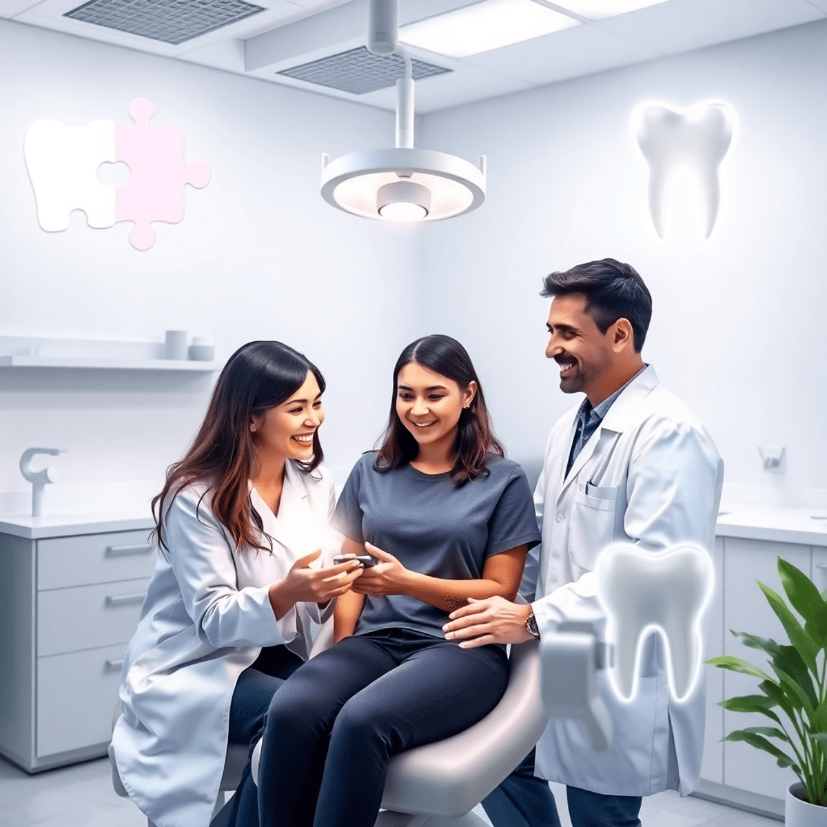 Des professionnels dentaires consultant un patient dans une clinique moderne avec des scans dentaires 3D lumineux et des pièces de puzzle abstraites symbolisant des soins personnalisés.