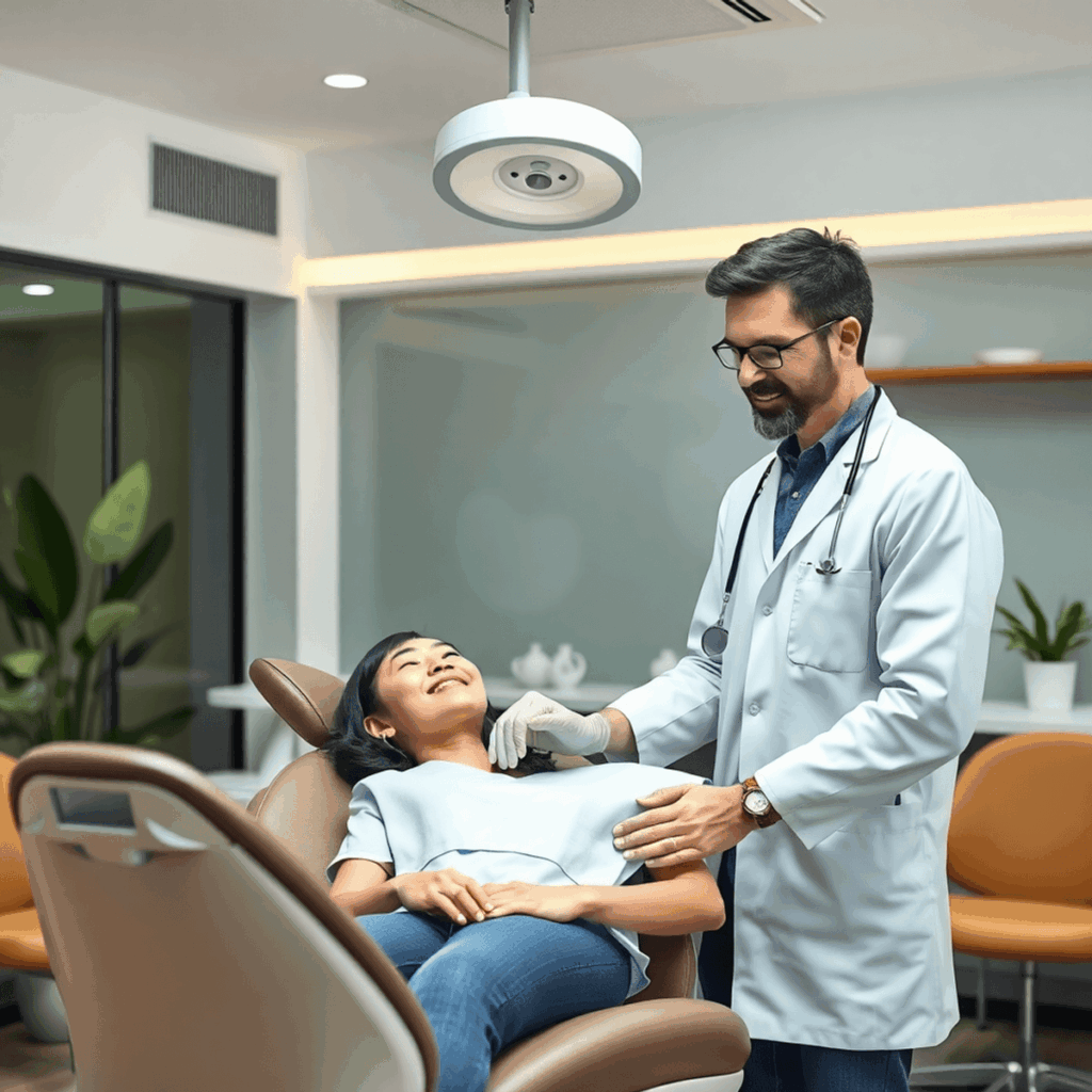 Intérieur d'une clinique dentaire moderne avec un éclairage doux, des sièges confortables, un dentiste interagissant doucement avec un patient détendu et des plantes apaisantes...