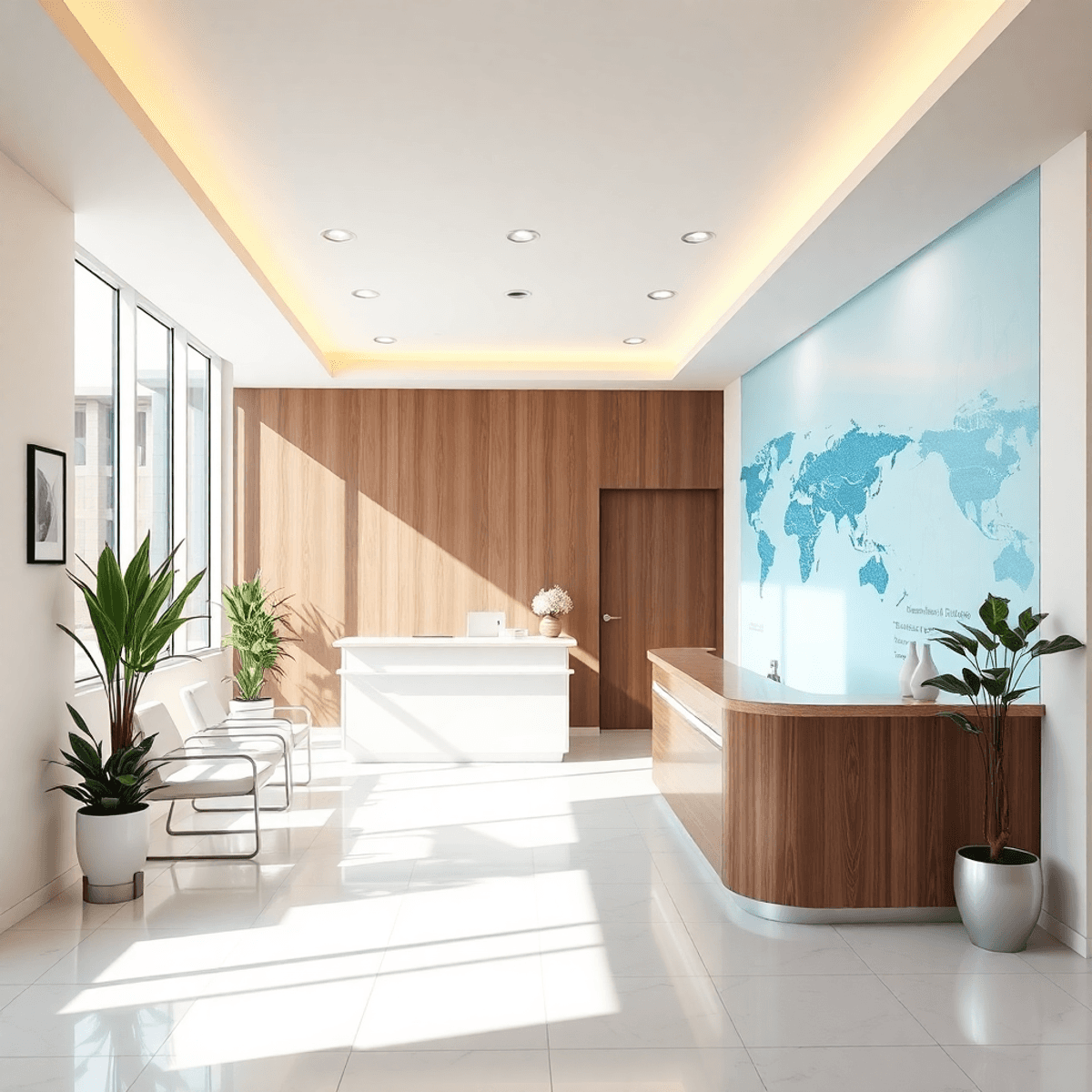 Réception d'une clinique dentaire moderne avec un design élégant, une douce lumière naturelle et une carte du monde discrète en arrière-plan pour une atmosphère accueillante et professionnelle...