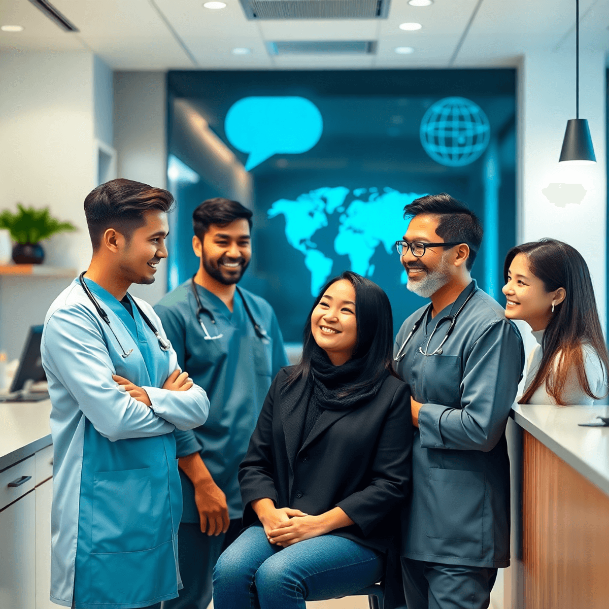 Réception d'une clinique dentaire moderne avec un personnel souriant accueillant un patient, avec des icônes de communication mondiale et une atmosphère accueillante et de haute technologie.