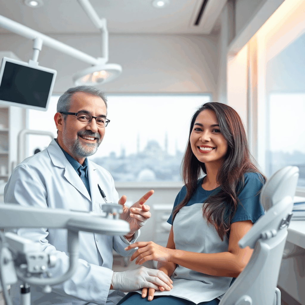 Clinique dentaire moderne avec un équipement de pointe, un dentiste consultant un patient heureux et une silhouette chaleureuse de la ville en arrière-plan.
