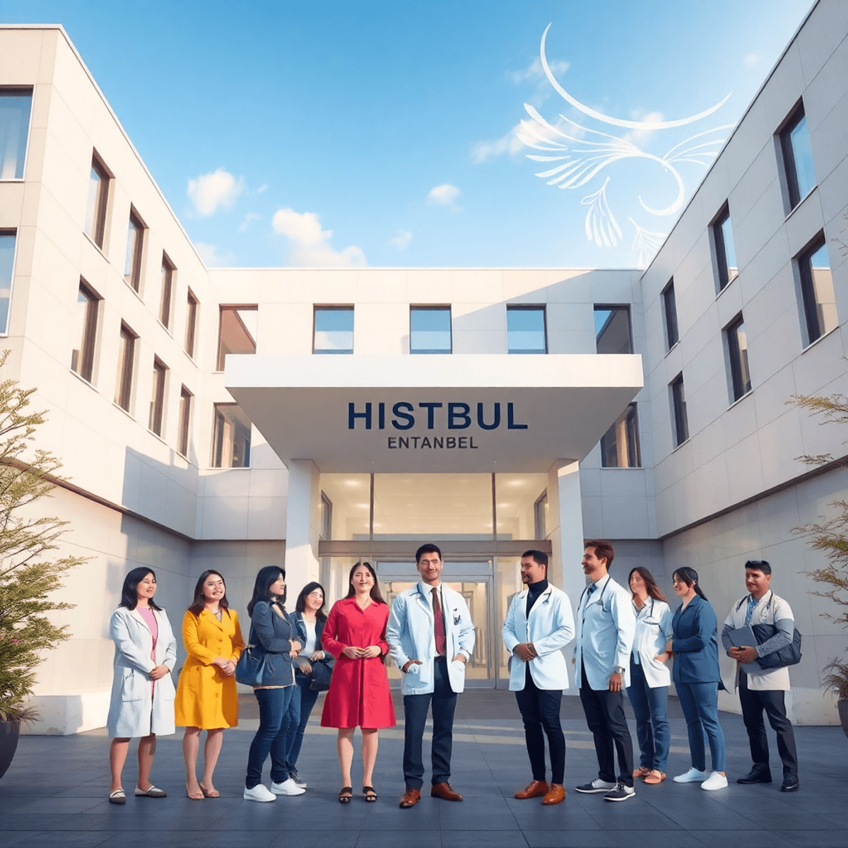 Entrée d'un hôpital moderne à Istanbul avec des motifs turcs subtils, un ciel dégagé et divers touristes médicaux interagissant chaleureusement avec le personnel soignant, ...