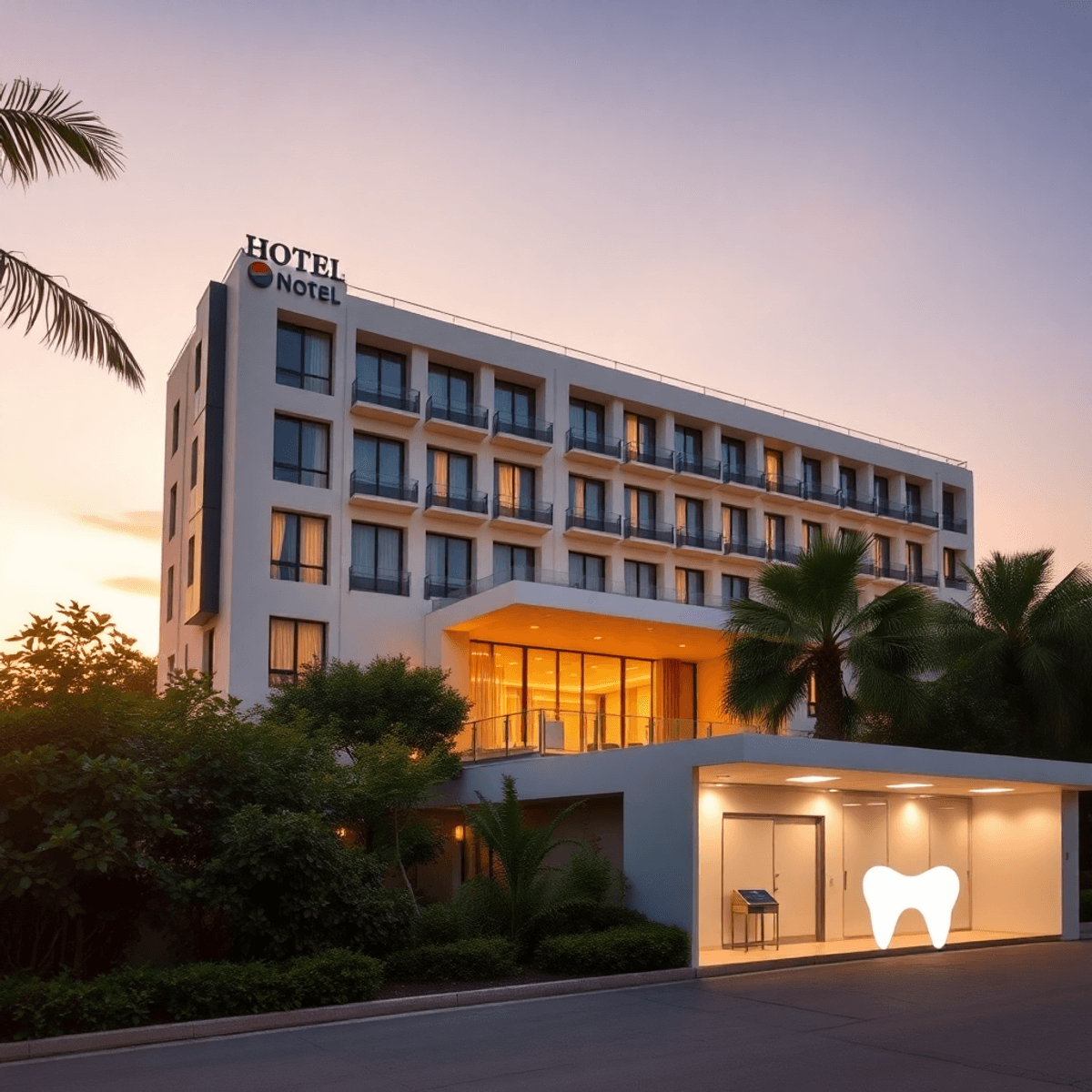 Extérieur d'un hôtel moderne au coucher du soleil avec un éclairage chaleureux et de la verdure, ainsi que des formes abstraites de clinique dentaire dans des couleurs apaisantes symbolisant une voiture avancée...