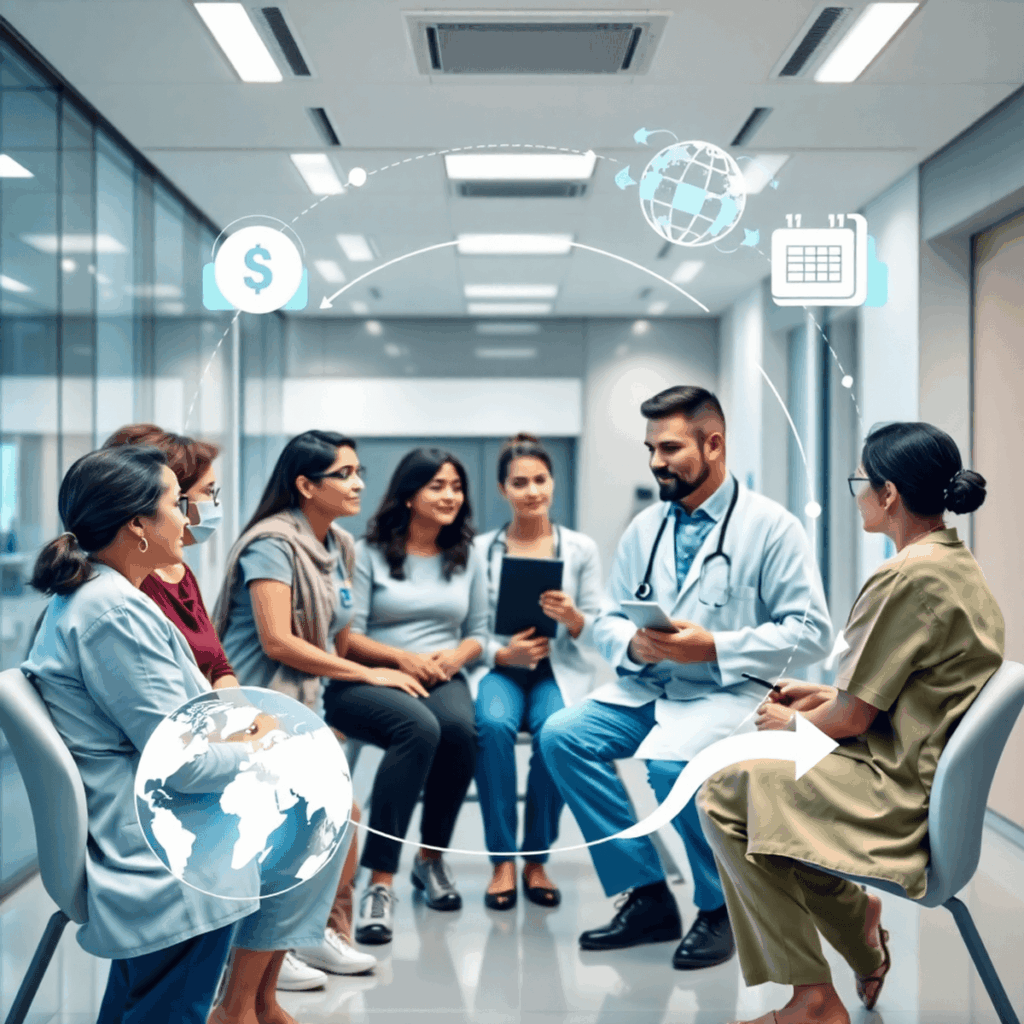 Patients consultant un professionnel de la santé dans une clinique moderne avec des symboles de monnaie numérique et des graphiques de globe symbolisant la finance mondiale et se...