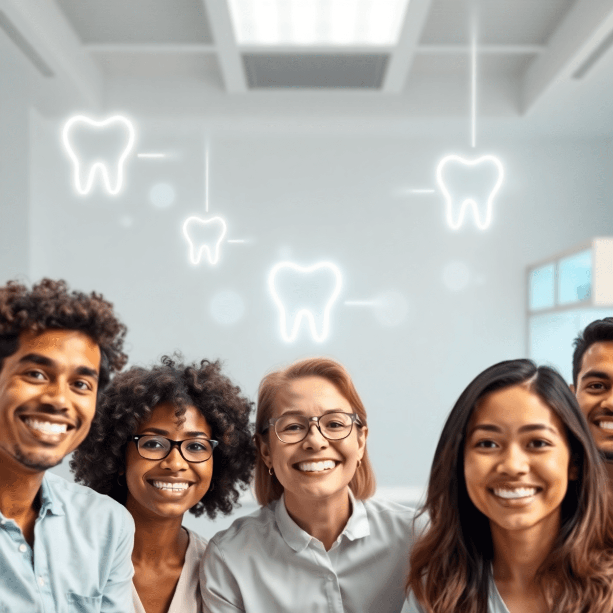 Adultes souriants dans une clinique dentaire moderne avec des icônes de dents lumineuses et des formes abstraites symbolisant les soins dentaires et la technologie de pointe.