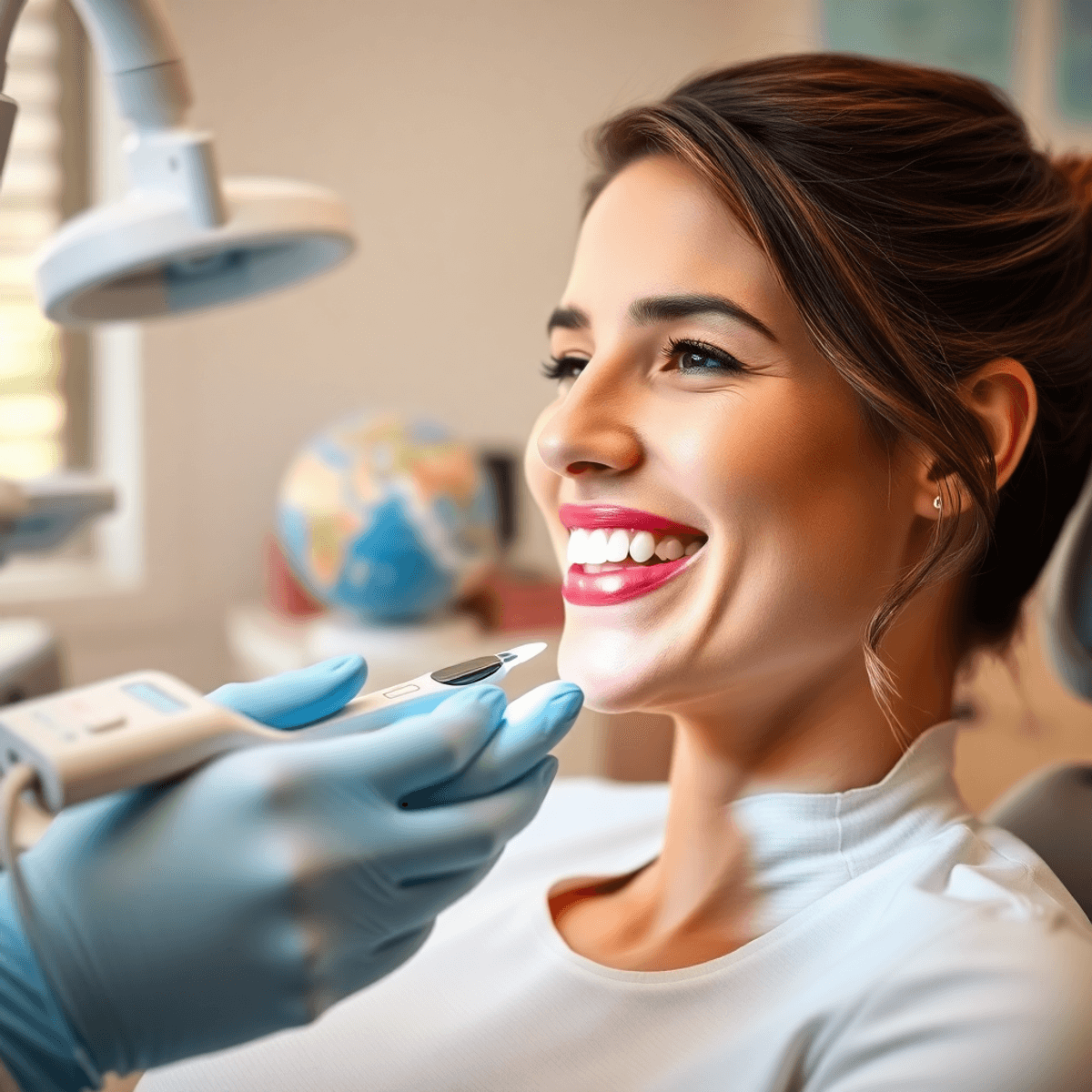 Patient souriant recevant un blanchiment des dents d'un dentiste dans une clinique lumineuse avec un décor subtil sur le thème du voyage en arrière-plan, mettant en évidence le tourisme dentaire...