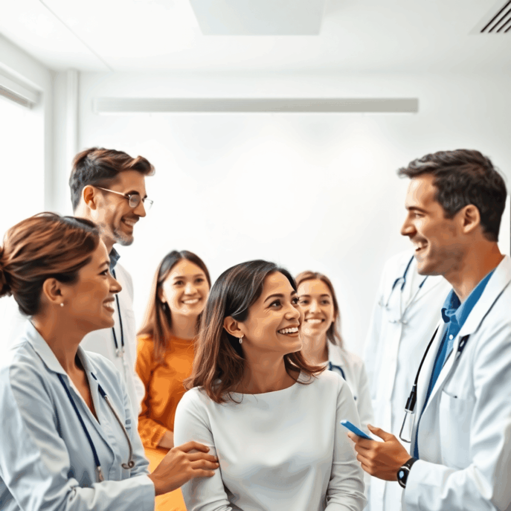 Patients souriants et dentistes dans une clinique dentaire moderne et lumineuse avec de subtils icônes de globe et d'avion en arrière-plan, transmettant la confiance et l'interna...