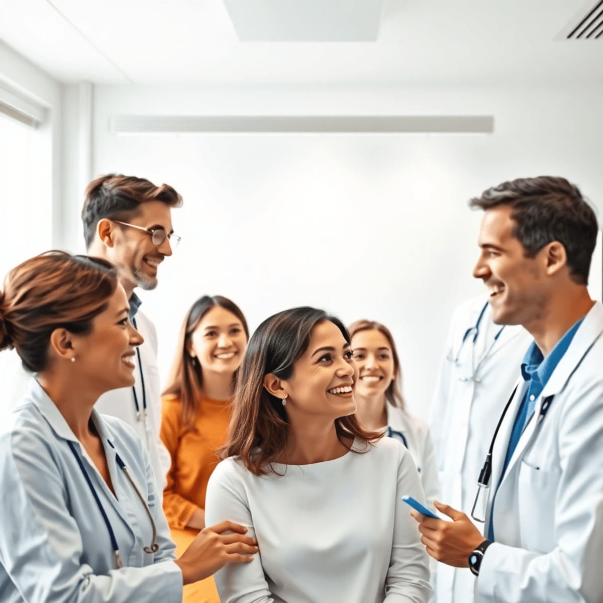 Patients souriants et dentistes dans une clinique dentaire moderne et lumineuse avec de subtils icônes de globe et d'avion en arrière-plan, transmettant la confiance et l'interna...