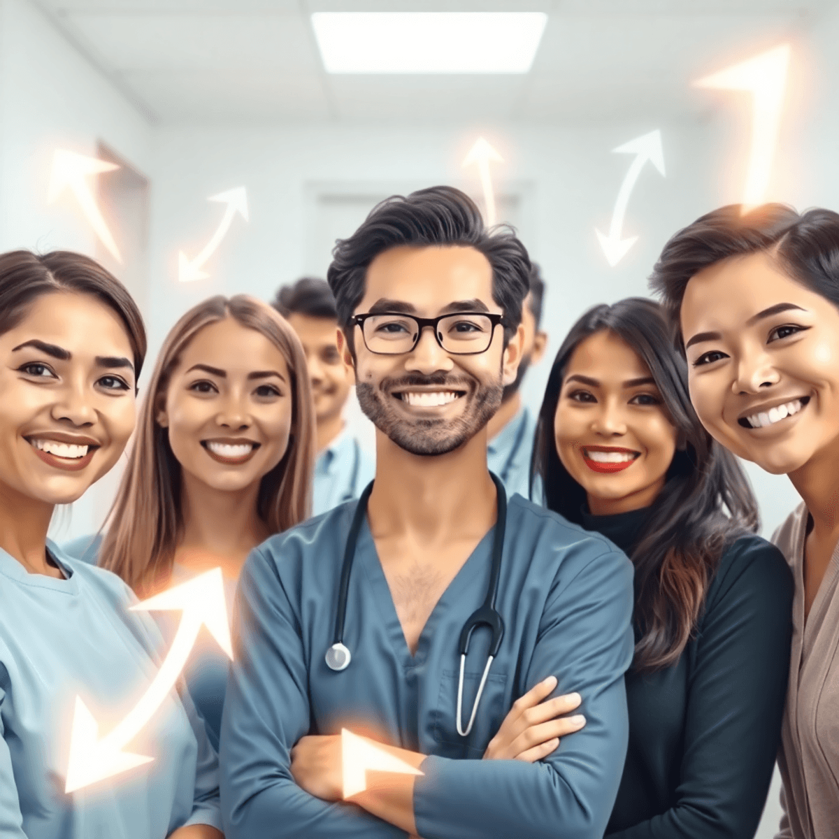 Patients souriants dans une clinique médicale lumineuse avec des flèches brillantes et des effets de lumière douce symbolisant la transformation et le succès du traitement.