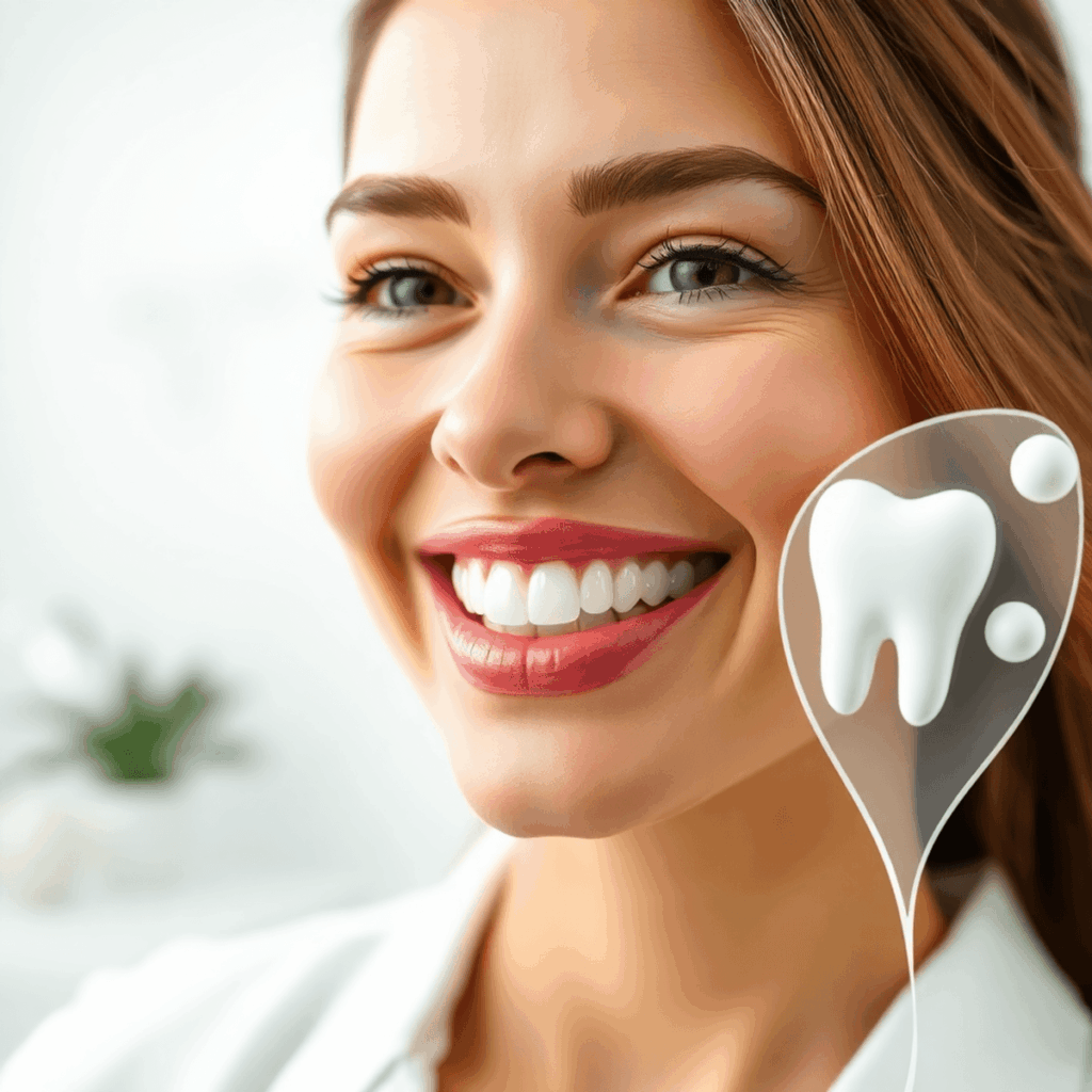 Femme souriante avec des dents parfaites dans une clinique dentaire lumineuse, aux côtés de coquilles en céramique lisse et de gouttes de résine sur des formes abstraites, avec un ... global doux