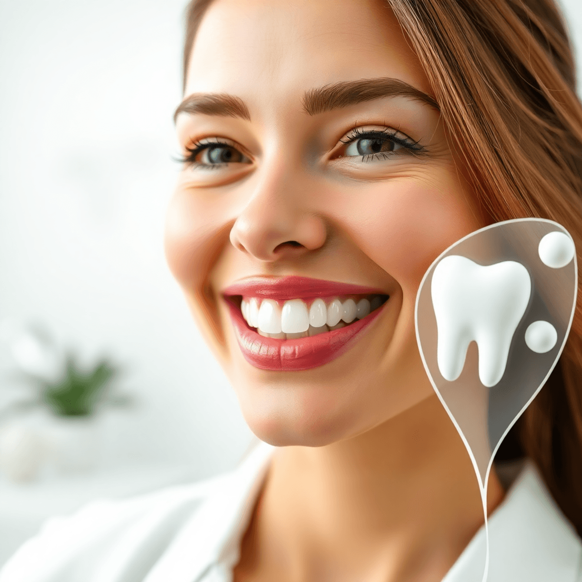 Femme souriante avec des dents parfaites dans une clinique dentaire lumineuse, aux côtés de coquilles en céramique lisse et de gouttes de résine sur des formes abstraites, avec un ... global doux