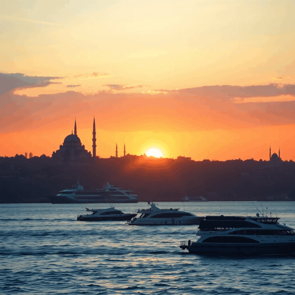 Vue du coucher de soleil sur la ligne d'horizon d'Istanbul avec les silhouettes de Sainte-Sophie et de la Mosquée bleue, le calme du Bosphore et des bateaux dérivant paisiblement.