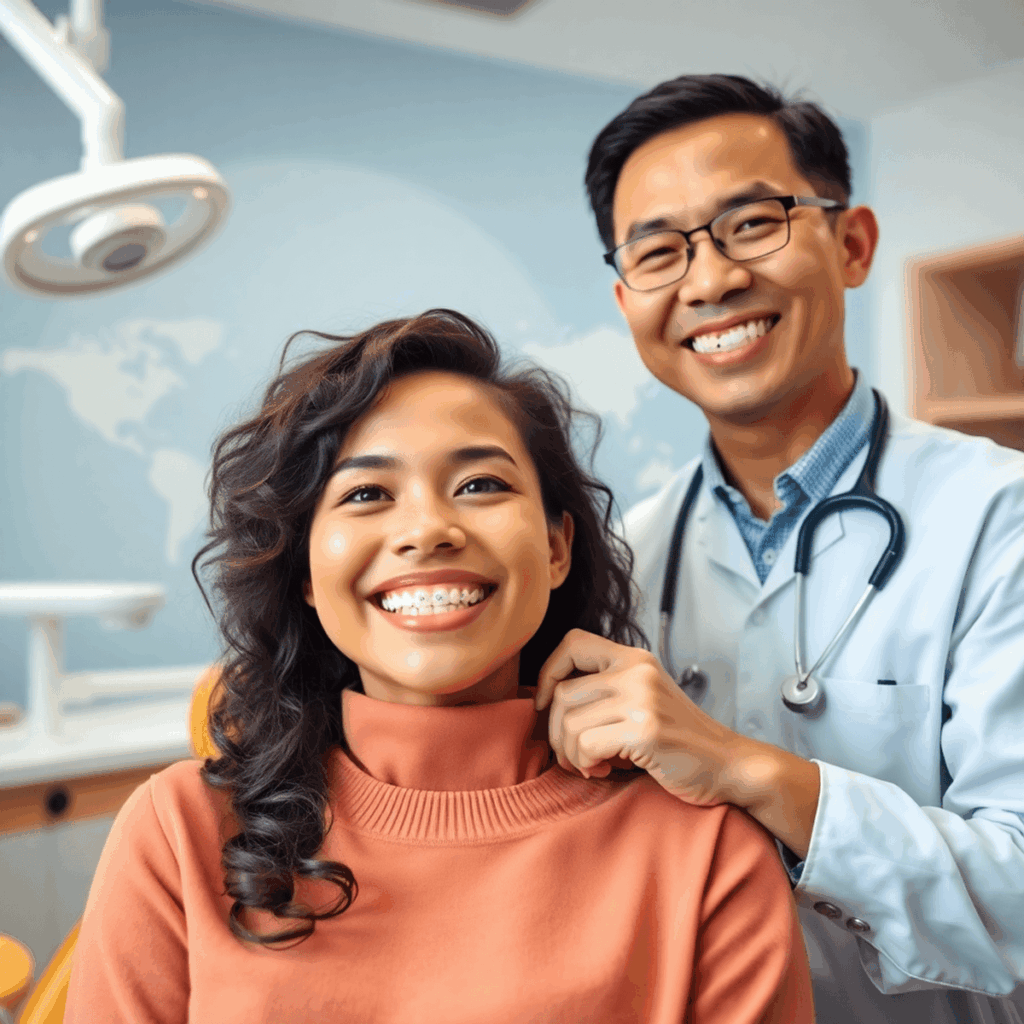 Une clinique dentaire lumineuse avec un patient adulte souriant pendant qu'un orthodontiste ajuste un appareil dentaire transparent&nbsp;; l'arrière-plan présente des symboles de voyage subtils comme un gl...