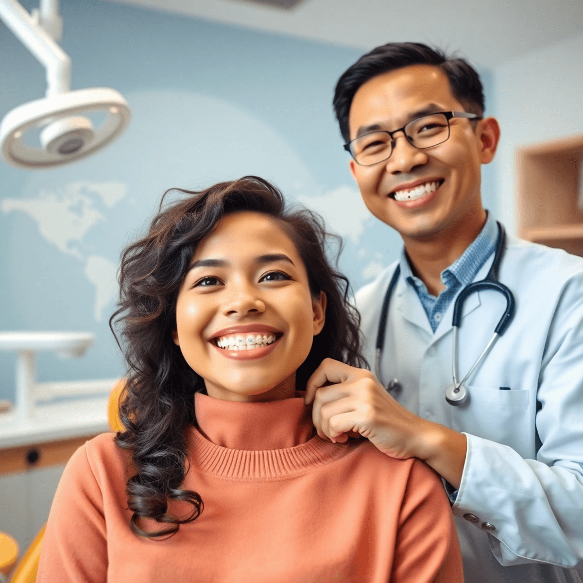 Une clinique dentaire lumineuse avec un patient adulte souriant pendant qu'un orthodontiste ajuste un appareil dentaire transparent&nbsp;; l'arrière-plan présente des symboles de voyage subtils comme un gl...