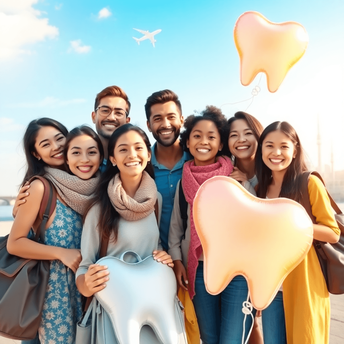 Un groupe joyeux à l'extérieur avec des sacs de voyage, souriant ensemble sous un ciel ensoleillé, tenant des ballons et des icônes en forme de dents, avec une silhouette d'avion...