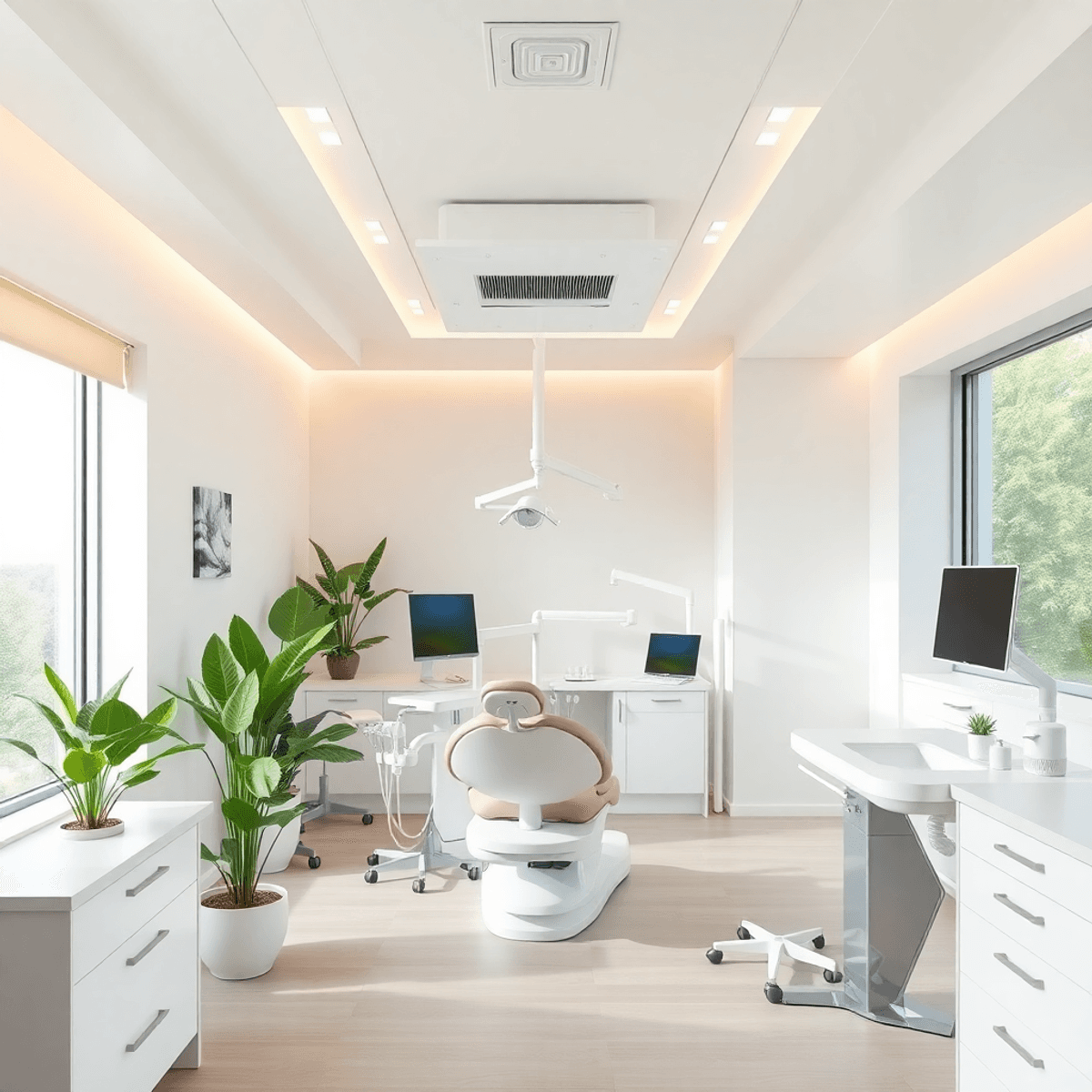 Intérieur de clinique dentaire lumineux et moderne avec un design écologique, un éclairage&nbsp;LED, un équipement économe en eau, des plantes vertes et une lumière naturelle à travers de grandes...