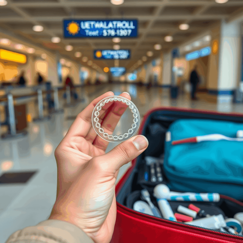 Gros plan d'une main tenant un aligneur Invisalign transparent à côté d'un sac de voyage rempli d'une brosse à dents et d'articles dentaires dans un salon de départ d'aéroport.
