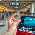 Gros plan d'une main tenant un aligneur Invisalign transparent à côté d'un sac de voyage rempli d'une brosse à dents et d'articles dentaires dans un salon de départ d'aéroport.